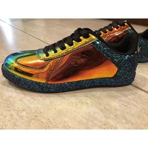Qupid Womens Green Glitter Sole iridescent sneakers Black Sparkle Laces size 6